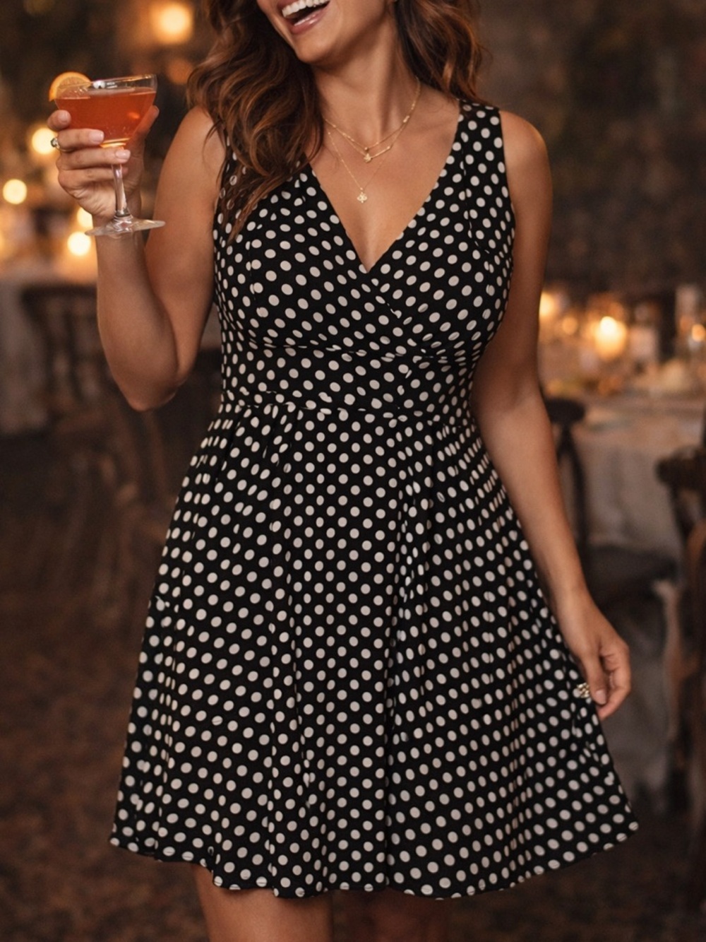 Coco & Tashi Polkadot Fit and Flare Dress Sz L Black White V-Neck Cocktail Party